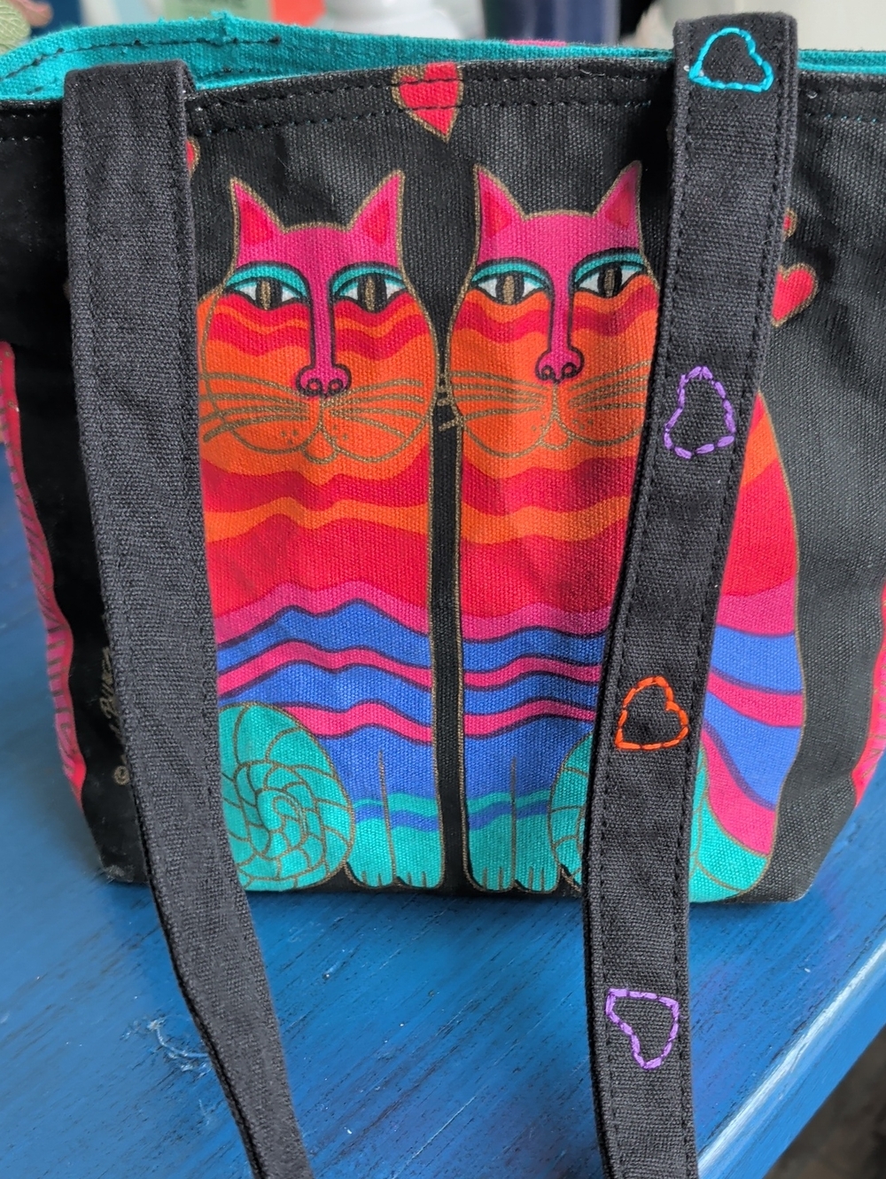 Laurel Burch Black Tote with Bright Pink, Orange, Teal & Blue Cat Design